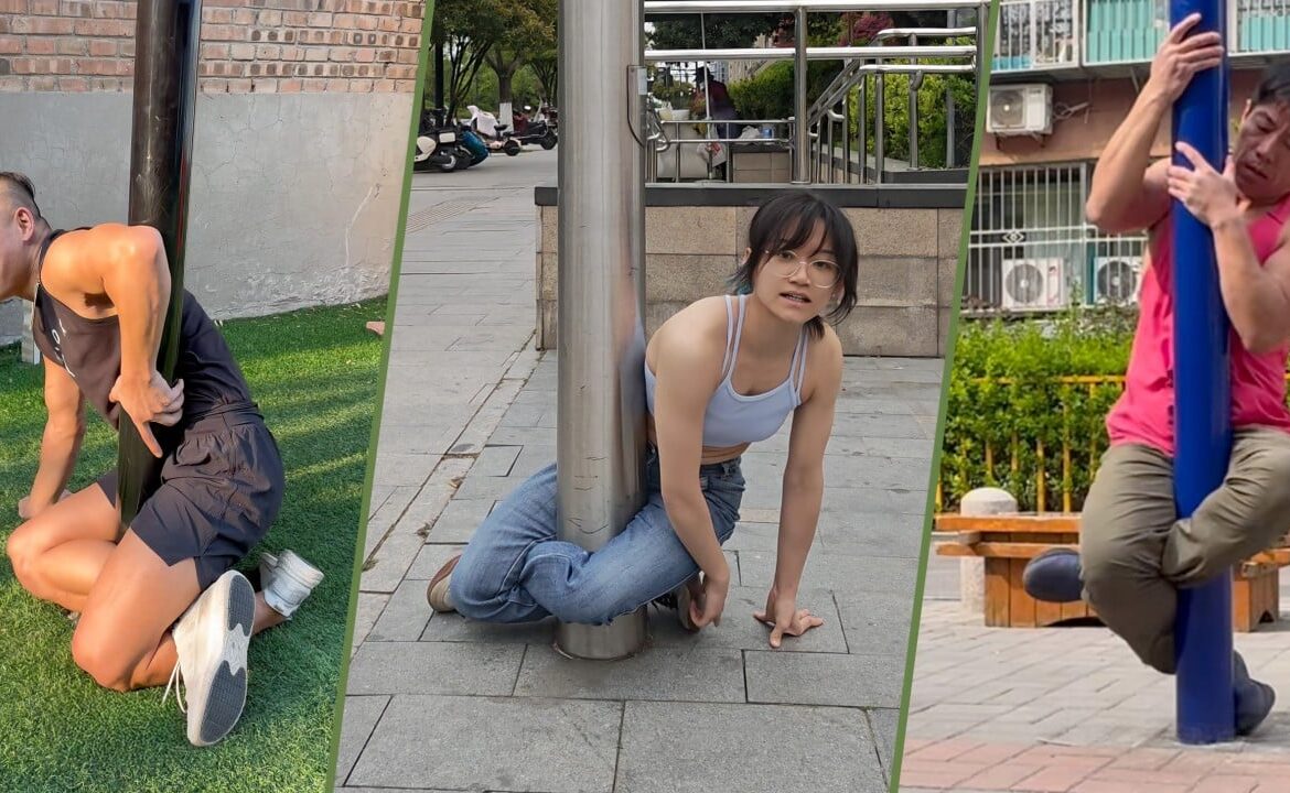 Climbing lamp posts cross-legged challenge goes viral in China with players often needing rescue